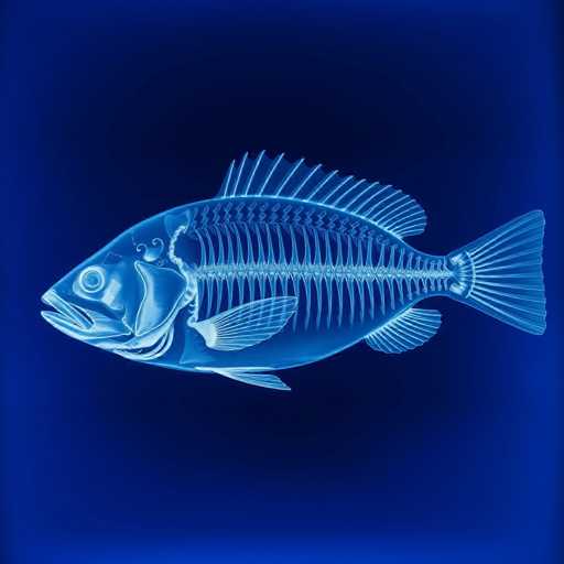 This image features a detailed, computer-generated depiction of a fish skeleton set against a gradient blue background. The background transitions from a lighter blue at the bottom to a darker blue at the top, creating a sense of depth. The fish skeleton, rendered in a lighter blue hue, is oriented with its head facing left and its tail to the right. The skeleton is intricately detailed, showcasing the fish's spine, ribs, and various fins, including the dorsal, pectoral, and pelvic fins. The fish's mouth is slightly open, and its eye is visible, adding a touch of realism to the otherwise skeletal representation. The overall composition highlights the anatomical structure of the fish in a visually striking manner.