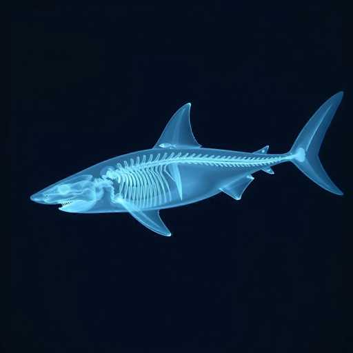 This image features a striking depiction of a shark set against a solid black background. The shark, rendered in a light blue hue, appears almost ethereal, as if it has been x-rayed to reveal its intricate skeletal structure. The skeletal details are prominently visible, showcasing the spine, ribs, and even the individual teeth within the shark's open mouth. The shark's body is oriented with its head facing left and its tail extending to the right. The fins are clearly defined, with two smaller fins positioned near the front and a larger fin towards the back. The tail is bifurcated, forming a distinctive V shape. The shark's eye is visible, adding a touch of realism to this otherwise skeletal representation. The overall effect is a mesmerizing blend of anatomical detail and artistic style, highlighting the internal structure of the shark in a visually captivating manner.