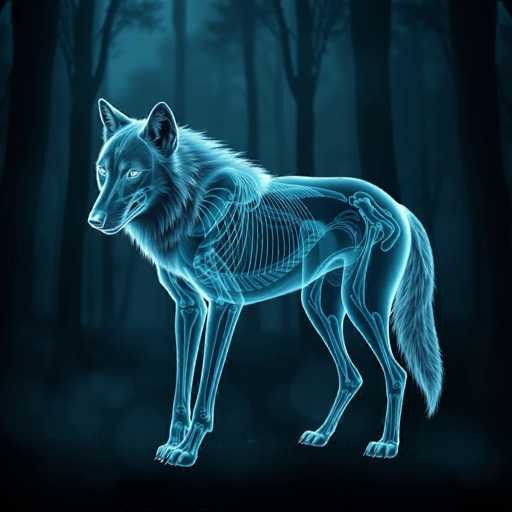 The image depicts a striking, computer-generated illustration of a wolf set against a dark, forested background. The wolf, rendered in a translucent, light blue hue, stands prominently in the center of the image, facing left. Its fur is a mix of black and white, with a particularly fluffy tail and a mane-like ruff around its neck. The wolf's eyes are a vivid yellow, adding to its mystical appearance. 

What makes this image particularly intriguing is the detailed skeletal structure visible within the wolf's body, outlined in white to reveal its bones, spine, and even individual toes. The background features tall, dark trees with sparse leaves, creating a shadowy, almost eerie atmosphere. The ground beneath the wolf is a dark blue, blending seamlessly with the overall color scheme. The entire scene is bathed in a bluish tint, enhancing the ethereal quality of the wolf and its surroundings.