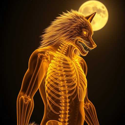 The image depicts a striking, computer-generated creature that appears to be a fusion of human and wolf-like features. The creature stands upright on two legs, with a humanoid posture, and is rendered in vibrant shades of yellow and orange. Its body is semi-transparent, allowing a clear view of its detailed skeletal structure, including the spine, ribs, and arms. The creature's head is distinctly wolf-like, with sharp, menacing teeth and a snarling expression. Its eyes are glowing yellow, adding to its fierce appearance. The creature's fur is a mix of orange and yellow, with spiky hair on its head and ears that are pointed and triangular. The background is a deep black, highlighting the creature's form, and features a large, yellowish-orange moon in the upper right corner, casting a faint glow. The overall scene is eerie and captivating, with the creature appearing to be in a dynamic, almost aggressive stance.