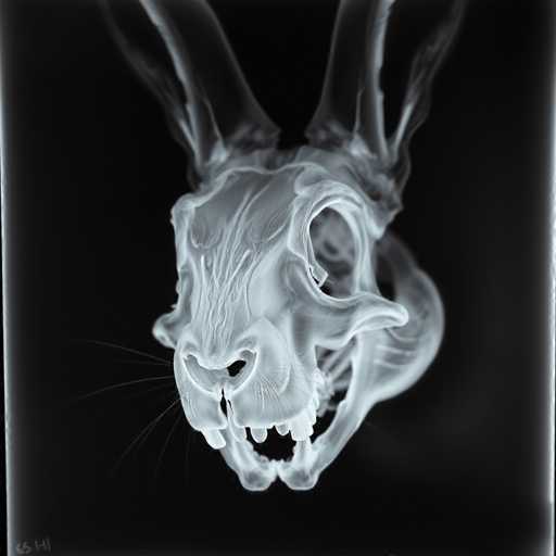 This black and white image features a surreal, skeletal creature that appears to be a fusion of a rabbit and a goat. The creature's head is predominantly white, with distinct black eyes and a prominent nose. Its mouth is open, revealing a set of teeth. The creature's long, rabbit-like ears extend upwards, adding to its otherworldly appearance. The background is entirely black, which accentuates the eerie and mysterious aura of the image.