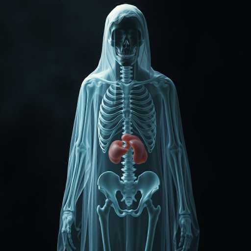 The image features a skeleton of a person, with the ribs and sternum clearly visible. The skeleton is wearing a robe or cape that covers its body, giving it an ethereal appearance. The rib cage can be seen in the lower part of the image, while the spine is prominently displayed on the upper half. The skeleton's internal organs are also visible, including the stomach with two red kidney-like structures and the liver situated below them. This detailed illustration provides a clear visual representation of the human body's structure and function.