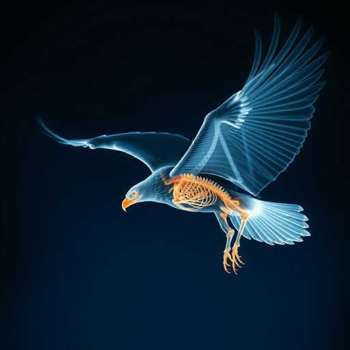 The image depicts a strikingly detailed x-ray of a bird in flight, set against a dark blue background. The bird, which appears to be a hawk or eagle, is captured in a side profile with its wings fully extended. The x-ray reveals the intricate structure of its skeleton, including the ribcage, spine, and leg bones, all glowing in a vivid orange hue. The bird's feathers are rendered in a translucent blue, allowing the underlying bone structure to be clearly visible. Its head, with a sharp yellow beak and piercing yellow eye, faces left, while its long, pointed tail feathers extend to the right. The bird's talons are also visible, adding to the overall anatomical detail of the image. The contrast between the glowing orange skeleton and the blue feathers creates a visually captivating and informative representation of the bird's internal anatomy.