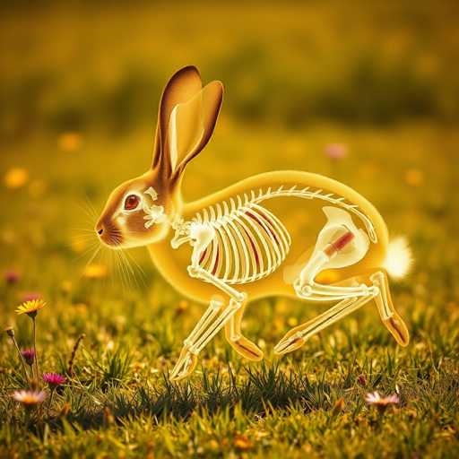 This image features a computer-generated depiction of a rabbit set against a vibrant, grassy field. The rabbit is rendered in a semi-transparent, yellowish hue, allowing a clear view of its internal anatomy. The skeletal structure of the rabbit is prominently displayed, with the ribcage and spine clearly visible. Additionally, the internal organs, including the heart, lungs, liver, and kidneys, are distinctly outlined in white. The rabbit's fur is a light brown color, and it has striking red eyes. Its whiskers are white, and its ears are perked up attentively. The rabbit's tail is white, and it appears to be in mid-motion, as if running or walking. The background is a lush green field dotted with pink and yellow flowers, adding a touch of natural beauty to the scene.