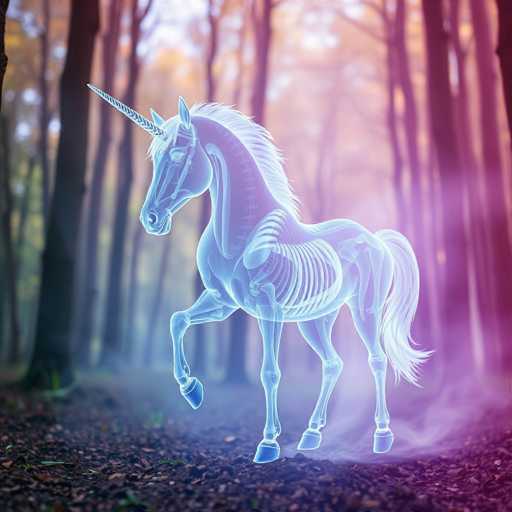 The image depicts a computer-generated, ethereal unicorn standing in a forest clearing. The unicorn, rendered in a translucent blue and purple hue, has a long, spiraled horn protruding from its forehead. Its mane and tail are a striking white, contrasting with its translucent body, which reveals an x-ray-like view of its skeletal structure, including ribs, spine, and leg bones. The unicorn's front legs are raised, giving the impression that it is either rearing up or mid-step. The forest background is a mix of tall, slender trees with sparse foliage, some appearing brown and others green, suggesting a seasonal transition. The ground beneath the unicorn is covered in dirt and scattered leaves, with a misty or foggy atmosphere adding to the mystical ambiance. The overall scene combines elements of fantasy and nature, creating a captivating and otherworldly visual experience.