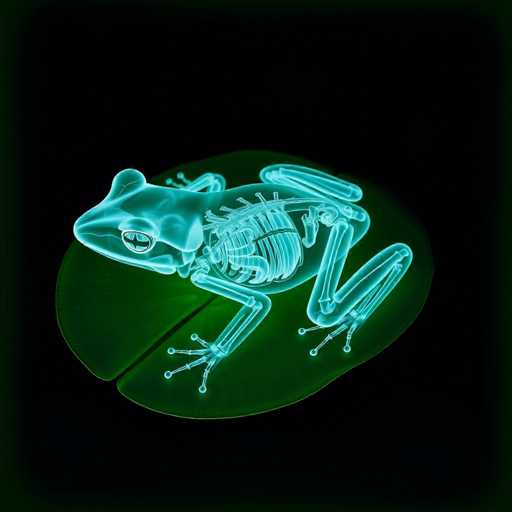 The image depicts a striking, computer-generated scene set against a solid black background. At the center, a large, vibrant green leaf, resembling a lily pad, serves as the base. Resting on this leaf is a glowing, semi-transparent frog, emitting a neon blue-green light. The frog's skeletal structure is clearly visible, with bones glowing in the same neon hue, creating a captivating contrast against its semi-transparent body. The frog's eyes are particularly detailed, featuring a black center with a white ring and a black line, giving them a lifelike appearance. The frog's head is oriented to the left, while its body stretches to the right, with its legs bent and feet pointing downward. The overall effect is a mesmerizing blend of natural and fantastical elements, with the glowing frog appearing to almost levitate above the leaf.