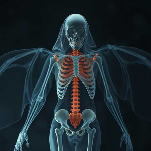 A ghostly, translucent skeleton of a banshee dominates the image against a dark, ethereal backdrop. The skeletal structure is rendered in a hyper-realistic style with glowing orange bones, creating an eerie contrast. The banshee's form is draped in a flowing, translucent shroud, and its skeletal wings are outstretched. The composition emphasizes the stark contrast between the spectral figure and the dark, undefined space, evoking a sense of mystery and the supernatural.