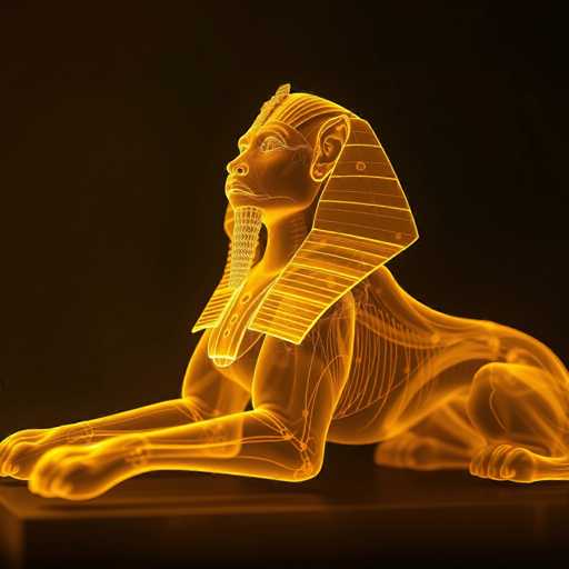 The image depicts a striking 3D rendering of the Sphinx, set against a solid black background. The Sphinx is portrayed in a glowing yellow-orange hue, giving it an ethereal, almost fire-like appearance. The figure is seated on a black platform, with its front paws extended forward and its back legs tucked underneath. The Sphinx's head is turned to the left, revealing a detailed side profile. It wears an elaborate headdress with a flat top and a long, flowing back, adorned with horizontal lines. The face features a prominent, long beard that extends down to its chest, and it has large, expressive eyes. The overall effect is a mesmerizing blend of ancient iconography and modern digital artistry.