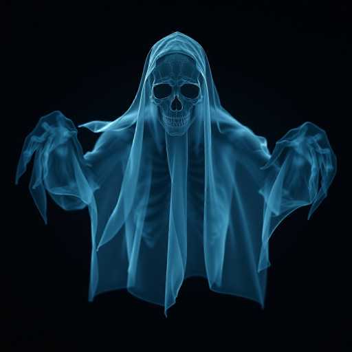 The image depicts a classic representation of a ghost, characterized by its semi-transparent, ethereal form. The spectral figure is rendered in shades of blue, with a striking contrast against the completely black background. The ghost's skeletal face is prominently featured, complete with hollow eye sockets and a nasal cavity, giving it a haunting appearance. Its bony hands are raised, with fingers splayed outwards, adding to the eerie atmosphere. The ghost's attire consists of a long, flowing sheet that drapes down to its waist, revealing the skeletal structure beneath. The sheet is particularly notable for its intricate folds and creases, which are highlighted by the light blue hue, creating a sense of depth and texture. The overall composition is simple yet impactful, focusing solely on the ghostly figure against the void-like background, emphasizing its otherworldly presence.