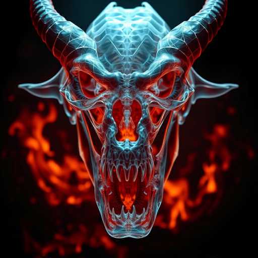 The image depicts a menacing, computer-generated skull that appears to be made of ice or glass, with a striking blue hue. The skull features two prominent horns that curve upwards and outwards, and it has sharp, jagged teeth that are open in a fierce expression. Its eyes are hollow and red, adding to its sinister appearance. The background is predominantly black, with vibrant red and orange flames swirling around the skull, creating a fiery atmosphere. The skull's nose is also hollow and red, and it has two pointed ears that jut out to the sides. The overall effect is a chilling, otherworldly representation of a demonic or evil entity.