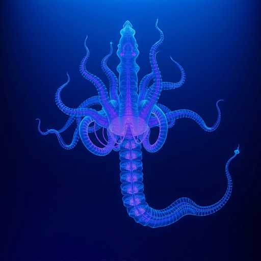 The image depicts a surreal, computer-generated creature that combines elements of an octopus and a worm. The creature features a long, segmented, and translucent body that resembles a worm, with a distinct purple hue. Emerging from the top of its body are eight tentacles, each adorned with suction cups, giving it an octopus-like appearance. The creature is set against a dark blue background, which transitions to a lighter blue towards the top, enhancing the ethereal and otherworldly quality of the scene. The overall composition suggests a deep-sea environment, though the creature itself appears more fantastical than realistic.
