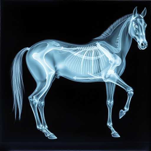 This image features a detailed x-ray of a horse, showcasing its skeletal structure in a striking blue hue against a black background. The horse is positioned facing to the right, with its head slightly turned towards the viewer, allowing a clear view of its facial features. The x-ray reveals intricate details of the horse's skeleton, including its ribs, spine, and leg bones. Notably, the horse's right front leg is raised, while the left front leg is bent, and both hind legs are firmly planted on the ground. The horse's tail is visible, extending from its rear. The image is devoid of any text, focusing solely on the anatomical intricacies of the horse's skeletal system.