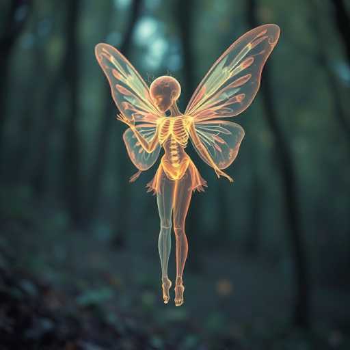 The image depicts a computer-generated, ethereal butterfly with a human-like body. The butterfly's wings are translucent, featuring a gradient of colors from green to pink, with intricate patterns of veins and lines. Its body is semi-transparent, revealing a glowing skeleton with a ribcage, pelvis, and spine illuminated in yellow. The butterfly's head is bald, with closed eyes and a serene expression, and it has delicate antennae. The legs are distinctively colored, with the left leg being blue and the right leg orange. The butterfly appears to be floating in mid-air, with its arms outstretched and legs slightly bent, as if poised for a graceful landing. The background is a dark, blurry forest with indistinct trees and a hint of blue sky, enhancing the mystical and otherworldly atmosphere of the scene.