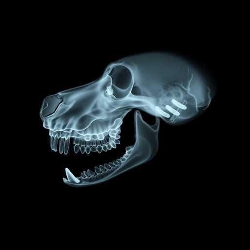 The image depicts a detailed x-ray of a skull, likely belonging to a canine or similar animal, set against a completely black background. The skull is oriented with the nose pointing to the left and the back of the head to the right. The x-ray reveals a prominent, elongated snout, indicative of a canine structure. The eye sockets are clearly visible, and the teeth are well-defined, with a notable large canine tooth on the bottom left. The skull's coloration is a mix of white and light blue, with the teeth appearing as bright white against the lighter skull. The overall shape of the skull is somewhat oval, and the image is devoid of any text or additional objects, focusing solely on the intricate details of the skeletal structure.