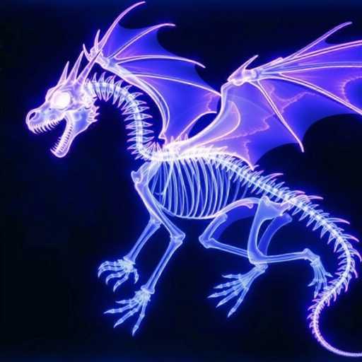 The image features a detailed x-ray of a dragon set against a black background. The dragon's skeleton is prominently displayed, with its bones glowing in shades of purple, blue, and white. The dragon's head is positioned on the left side of the image, showcasing a large eye and an open mouth filled with sharp teeth. The elongated neck curves gracefully, leading to a robust body with a visible ribcage. The dragon's wings are spread wide, revealing intricate bone structures, and its long, segmented tail extends towards the bottom right corner. The legs are bent at the knees, with the feet pointing downward. The overall composition highlights the dragon's majestic and mythical form through the stark contrast of its glowing skeleton against the dark background.