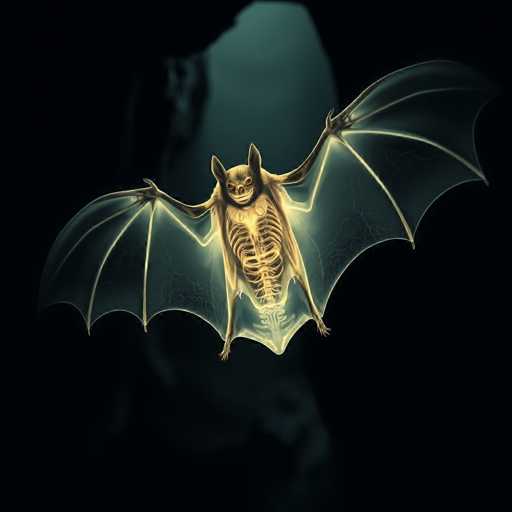 The image depicts a computer-generated bat with its wings fully outstretched, revealing a detailed view of its skeletal structure. The bat's body is a light brown color, while its wings are a darker brown. The skeletal structure, including the ribcage, spine, and hip bones, is prominently displayed in a glowing yellowish-white hue. The bat's face, with its large, pointy ears and sharp teeth, appears menacing and somewhat human-like. The background is predominantly black, with a faint, blurry light blue area in the center, possibly resembling a cave opening. The bat's eyes are dark, and its feet are visible at the bottom of the image. The overall composition gives the impression of a bat in mid-flight, with its wings spread wide, showcasing its eerie, skeletal form.