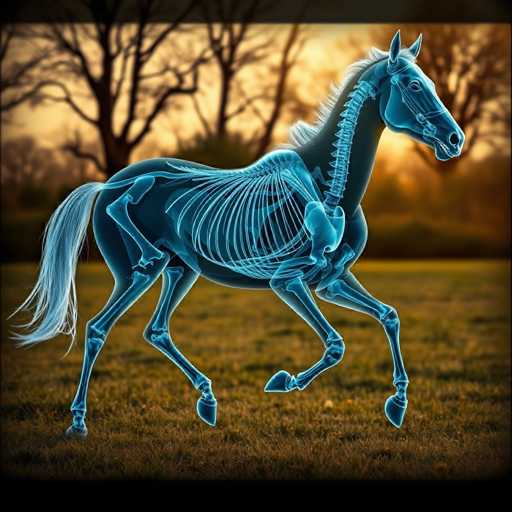 This image features a computer-generated depiction of a horse, rendered in a semi-transparent blue hue. The horse's skeletal structure is prominently displayed, with the bones of its ribcage, spine, and legs clearly visible. The horse is oriented to the right, with its head slightly turned towards the viewer, showcasing a bridle around its face. Its mane is white, contrasting with the blue body, and its tail is long and flowing. The horse appears to be in mid-stride, with its front legs slightly bent and its back legs extended. The background is a blurred, brownish field with trees, creating a serene, autumnal setting that highlights the horse's ethereal presence.