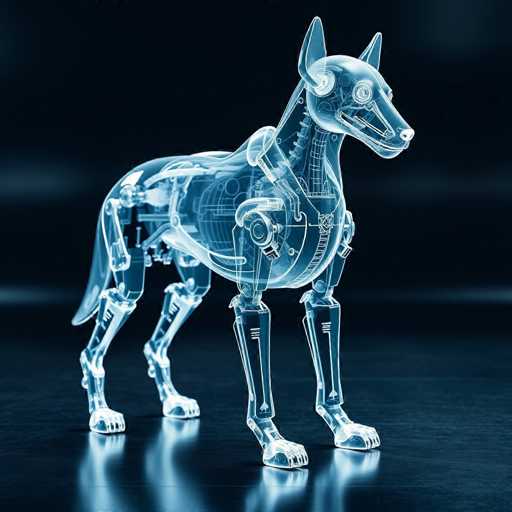 The image depicts a highly detailed, computer-generated robotic dog standing on a reflective black surface. The dog, which has a transparent, light blue body, appears to be made of glass or plastic, allowing a clear view of its intricate mechanical components inside. It has a long snout, pointy ears, and a short tail. The dog's legs are particularly striking, with the front legs being noticeably larger than the back ones, and all four legs ending in white paws. The background is a solid black, enhancing the reflective quality of the surface and the dog's transparent form. The overall effect is a futuristic, almost ethereal representation of a robotic canine.