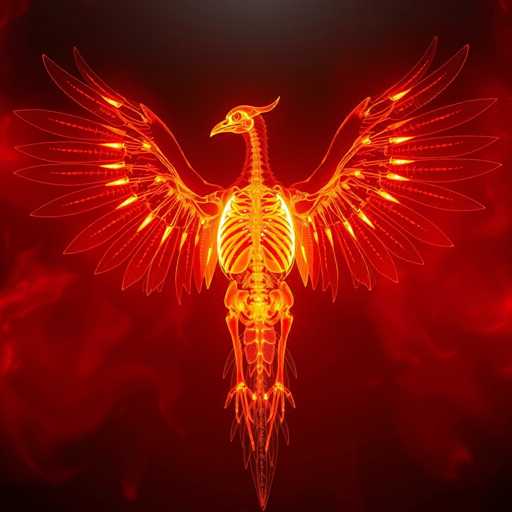 The image features a striking depiction of a phoenix, set against a gradient background that transitions from deep black at the top to a vibrant red at the bottom. The phoenix, rendered in vivid shades of yellow, orange, and red, is positioned centrally with its wings spread wide, showcasing an intricate array of feathers. The bird's body is outlined in bright yellow, with its ribcage prominently displayed in a glowing orange hue. The phoenix's head is turned to the left, revealing a sharp beak and a piercing eye. Its long, pointed tail extends downward, adding to the majestic appearance. The background is adorned with wisps of red smoke that emanate from the bottom, enhancing the fiery and mystical aura of the scene.