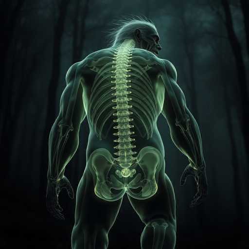 The image depicts a computer-generated, semi-transparent creature with a humanoid form, standing in a dark, eerie forest. The creature's back is turned to the viewer, but its head is turned to the right, revealing a face with long, white hair, a pronounced nose, and a mouth that appears to be smiling. The creature's body is semi-transparent, allowing a clear view of its skeletal structure, including the spine, ribs, pelvis, and leg bones. The skin has a greenish tint, adding to its otherworldly appearance. The creature's arms are positioned at its sides, and its legs are spread apart. The background features a dense array of tall, black trees with sparse branches, creating a dark and foreboding atmosphere. The overall color palette of the image is dominated by shades of black, gray, and green, enhancing the mysterious and unsettling mood.