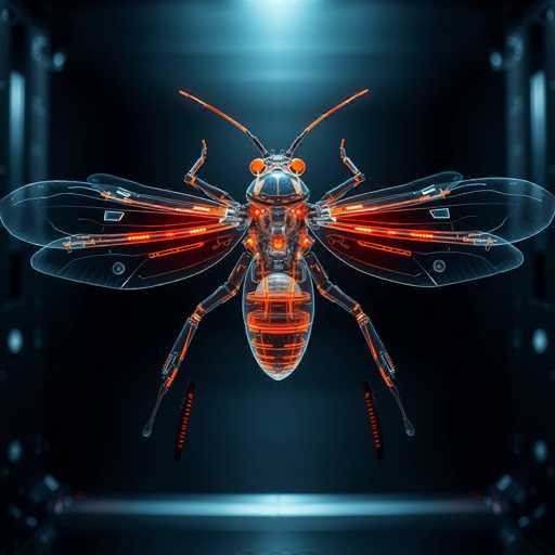 This image features a highly detailed, computer-generated rendering of a futuristic insect-like creature. The creature, resembling a hybrid between a wasp and a bee, is predominantly black with striking orange accents. Its body is transparent, revealing intricate mechanical components inside, including wires and gears. The insect has six legs, two antennae, and four wings—two on each side. Its eyes are orange, and it has a distinctive red mouth. The creature appears to be hovering in mid-air, with a dark background that transitions from black to a lighter blue towards the top, illuminated by a light source. The overall aesthetic suggests a blend of organic and mechanical elements, giving it a cybernetic appearance.