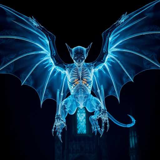 The image depicts a computer-generated, semi-transparent bat-like creature with a glowing blue and white body. Its large, outstretched wings reveal intricate bone structures, and its long, sharp claws extend from both its hands and feet. The creature's face, with a pointed nose, downward-curving mouth, and large ears, exudes a menacing aura. Its chest and ribcage are visible, with a yellowish glow emanating from the heart area. The creature appears to be flying towards the viewer, set against a dark background. Behind it, a faintly visible church window and a tower can be seen, adding to the eerie atmosphere of the scene.