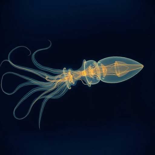A translucent, ethereal depiction of a giant squid's internal anatomy is presented against a deep blue backdrop. The image showcases the squid's bell-shaped body, visible internal organs, and long, delicate tentacles, all rendered with a high-contrast, almost otherworldly quality. The art style is reminiscent of an x-ray visualization, emphasizing the internal structure with a soft, glowing luminescence. The composition is stark and dramatic, highlighting the intricate details of this deep-sea creature in a visually captivating manner.
