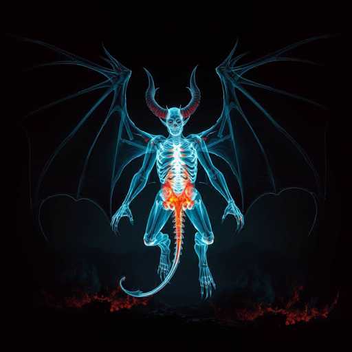 The image depicts a striking, computer-generated creature set against a black background. The creature, which appears to be a hybrid of a dragon and a humanoid, is predominantly blue with intricate details. It has large, bat-like wings extending from its back, and a long, curved tail that ends in a point. The creature's body is semi-transparent, revealing a glowing white ribcage and a red lower abdomen. Its head features a menacing skull with two prominent horns that curve backward, and it has a skeletal face with hollow eyes. The creature's arms are outstretched to the sides, and its legs are bent at the knees, giving it a dynamic pose. The overall effect is a haunting, otherworldly figure that seems to be emerging from the darkness.