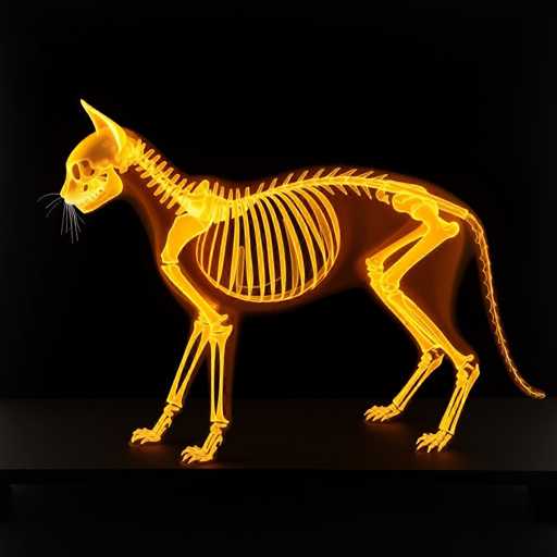 The image features a skeleton of a cat, which is displayed in an artistic and 3D rendering. The cat's body is shown from the front side, with its bones clearly visible against a black background. The skeleton appears to be glowing orange, giving it a unique and eye-catching appearance. This type of artwork can be appreciated for both its aesthetic value and the creative representation of the human anatomy in an unconventional medium.