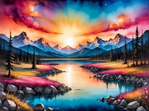 This image is a detailed painting of a serene landscape, likely created with oil or acrylic paints. The scene features a tranquil lake or river that reflects the vibrant colors of the sky above. The water is bordered by rocky shores adorned with patches of pinkish-purple grass and tall, slender pine trees. In the background, a majestic mountain range stretches across the horizon, with the peaks painted in shades of blue and purple. The sky is a stunning blend of colors, transitioning from a bright yellow sun at the center to a warm orange, then fading into purple and blue hues. Scattered across the sky are white stars, adding a touch of celestial beauty. The overall composition captures the peacefulness of nature, with the interplay of light and color creating a harmonious and captivating scene.