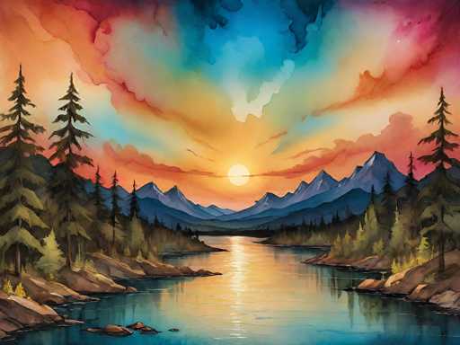 This image is a detailed watercolor painting of a serene mountain landscape at sunset. The sky is a vibrant blend of colors, transitioning from deep blue at the top to warm oranges and reds near the horizon, with wispy clouds adding texture. The sun, a bright yellow orb, sits just above the horizon, casting a golden reflection across the calm, blue lake below. The lake is bordered by rocky shores and dense pine forests on both sides, with the trees appearing darker on the left and lighter on the right. In the background, a majestic mountain range stretches across the horizon, with peaks that are bluish in the distance and more defined in the foreground. The overall scene captures the tranquil beauty of nature, with the interplay of light and color creating a harmonious and peaceful atmosphere.
