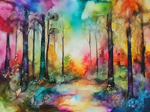 A vibrant, dreamlike watercolor painting of a forest bathed in an ethereal light. The trees are tall and slender, their trunks rendered with swirling washes of color – deep blues, vibrant pinks, warm oranges, and cool greens. The background is a blend of soft, flowing colors that create an impressionistic atmosphere, with hints of purple and turquoise adding to the otherworldly feel. The ground is a mix of muted blues, greens, and oranges, suggesting a mystical forest floor with dappled light filtering through the canopy. The overall effect is one of tranquility and enchantment, inviting the viewer into a fantastical realm.