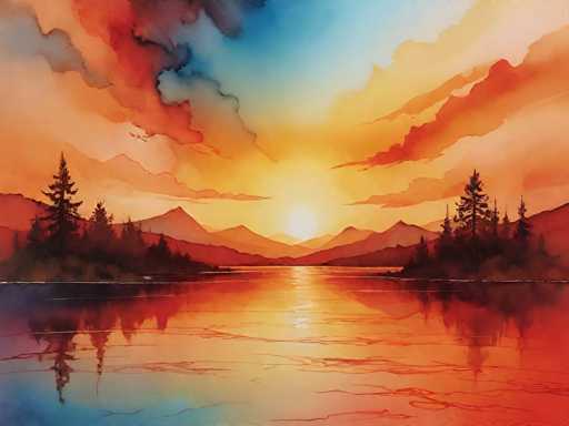 A vibrant watercolor painting of a serene sunset over a calm lake. The sky is ablaze with warm hues of orange, red, and yellow, blending into soft blues at the top. The sun is low on the horizon, casting a golden glow on the water's surface which reflects the fiery sky. Silhouetted pine trees line the distant shore, their dark forms contrasting with the bright sunset. The overall style is loose and impressionistic, emphasizing the fluidity of watercolor and creating a dreamy, tranquil atmosphere.