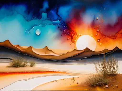 This image is a detailed watercolor painting of a desert landscape at sunset. The foreground features a sandy terrain with sparse, dry grasses and a few shrubs, including one prominent plant in the bottom right corner. A winding river or stream meanders through the sandy expanse, reflecting the vibrant colors of the sky above. The sky is a stunning blend of blues, reds, oranges, and purples, with the sun setting on the right side of the image. The sun's rays create a warm glow that transitions into cooler tones of blue and purple towards the top of the painting. The overall scene is serene and evocative, capturing the beauty of a desert at dusk.