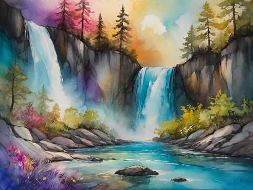 This vibrant watercolor painting captures a serene natural landscape featuring two cascading waterfalls. The scene is framed by a rugged cliff adorned with a variety of trees, including pines and oaks, in hues of pink, green, and yellow. The waterfalls, positioned on the left and right sides of the cliff, flow into a tranquil pool below, which is dotted with rocks and surrounded by lush greenery. The sky above is a mesmerizing blend of blue, orange, and purple, with wispy clouds adding to the ethereal atmosphere. The entire composition is rich in color, with the water displaying a spectrum of blues, greens, and purples, creating a harmonious and captivating visual experience.