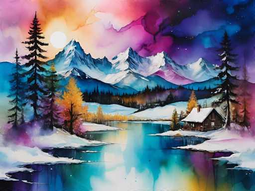 A vibrant, dreamlike watercolor painting of a winter mountain landscape. The scene is dominated by snow-capped mountains in the distance, with a serene lake reflecting the colorful sky. The foreground features a cozy wooden cabin nestled on the shore, surrounded by snow-covered pine trees and a few golden autumn trees. The sky is a blend of warm oranges, pinks, and purples, transitioning into deep blues and violets towards the top, with a bright white moon partially visible. The overall style is loose and expressive, emphasizing soft edges and blended colors to create a magical, winter wonderland atmosphere.