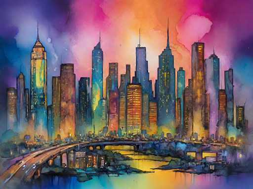 This vibrant watercolor painting depicts a breathtaking cityscape at twilight. The main focus is a cluster of tall, colorful skyscrapers with glowing windows, silhouetted against a dramatic sky transitioning from deep blues and purples to warm oranges and pinks. A bridge arches across a body of water in the foreground, reflecting the city lights. The style is loose and impressionistic, emphasizing light and color over sharp detail, creating a dreamlike atmosphere.