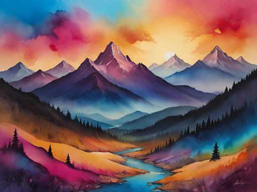 This vibrant and colorful painting depicts a serene mountain landscape. The sky is a stunning blend of blue, pink, and yellow hues, with a bright white sun positioned just above the mountain peaks. The mountains themselves are painted in shades of blue, purple, and pink, creating a dreamlike atmosphere. A winding river, rendered in blue, meanders through the scene, flanked by lush green trees and grass. The foreground features a mix of pink, yellow, and orange tones, adding to the painting's rich palette. The entire scene is framed by a variety of trees and bushes, enhancing the natural beauty of the landscape. The artist's signature is visible in the bottom right corner, though it is too small to read clearly.