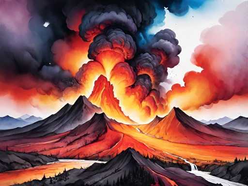 This image is a detailed, computer-generated illustration of a volcanic eruption. The scene is dominated by a large, central volcano that is actively erupting, spewing bright orange lava and thick, dark smoke into the sky. The smoke billows upwards and spreads across the image, creating a dramatic contrast against the white sky. Surrounding the main volcano are several smaller peaks, also emitting smoke and lava, contributing to the chaotic atmosphere. The ground is a mix of red, orange, and black hues, indicating the intense heat and volcanic activity. In the foreground, there are dark gray, almost black mountains with sparse vegetation, and a small river or stream that appears to be flowing towards the erupting volcano. The overall composition captures the raw power and beauty of the volcanic eruption, with vivid colors and intricate details that bring the scene to life.