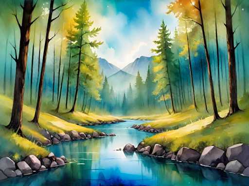 This painting depicts a serene forest scene with a winding river flowing through it. The river, painted in shades of blue and green, meanders from the bottom left corner, curves to the right, and then back to the left, eventually disappearing into the distance. The river is bordered by rocky banks and lush green grass, with some areas appearing yellowish. Tall trees with brown trunks and a mix of green and yellow leaves line both sides of the river, creating a dense forest. In the background, majestic mountains rise up, partially shrouded in a misty fog that blends with the blue sky and white clouds above. The overall atmosphere is tranquil and picturesque, capturing the natural beauty of the landscape.