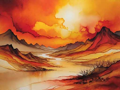 This image is a detailed watercolor painting depicting a dramatic landscape. The scene features a winding river that begins in the bottom left corner, meandering towards the center before curving back to the left. The river is flanked by a series of mountains and hills, with the closest ones on the right side displaying a mix of reds, oranges, and browns. As the landscape recedes into the distance, the mountains transition to lighter shades of gray and beige. The sky above is a striking blend of colors, with the sun positioned in the top right corner, casting a bright yellow glow. Surrounding the sun are clouds that transition from yellow to orange, and eventually to deep reds and blacks towards the edges of the painting. The overall composition creates a vivid and dynamic interplay of colors, capturing the essence of a serene yet powerful natural setting.