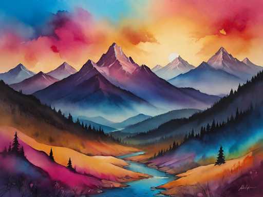 The image depicts a vibrant mountain landscape with a river flowing through it. The mountains are painted in shades of purple and orange, while the sky is filled with pink and blue hues. The painting style is realistic, capturing the intricate details of nature.