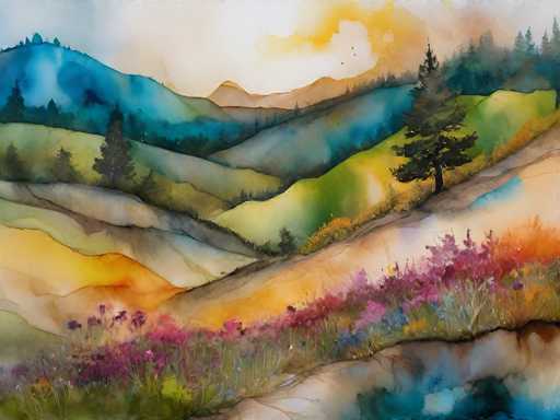 This image is a detailed watercolor painting of a serene landscape. The foreground features a vibrant array of wildflowers in shades of purple, blue, and pink, interspersed with green grass. To the right, a small hill adorned with a couple of pine trees rises gently. The midground reveals a series of rolling hills, each painted in varying hues of green, yellow, and blue, creating a sense of depth and distance. The background is dominated by majestic mountains, with the closest ones painted in blue and green tones, while more distant peaks are rendered in brown. The sky above is a blend of white and yellow, suggesting a bright, possibly cloudy day. The entire scene is bathed in a soft, natural light, enhancing the tranquil and picturesque quality of the landscape.