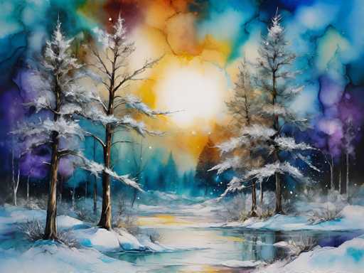 This image is a detailed painting of a serene winter landscape. In the foreground, there is a partially frozen pond, with patches of ice and snow-covered water. Surrounding the pond are several tall pine trees, their branches laden with snow, creating a picturesque scene. The background features a dense forest of pine trees, painted in shades of blue, which adds depth to the composition. The sky above is a mesmerizing blend of colors, with a bright white sun at its center, radiating hues of yellow, orange, and purple. The upper corners of the sky are painted in cool tones of blue and green, creating a striking contrast. The overall effect is a harmonious and tranquil winter scene, with the vibrant colors of the sky reflecting off the snow and ice, enhancing the painting's ethereal quality.