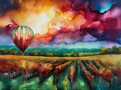 This vibrant watercolor painting captures a mesmerizing hot air balloon floating serenely in a sky awash with a spectrum of colors. The balloon, positioned slightly to the left of center, features a striking pattern of green, red, and orange stripes, with a basket hanging beneath it. The sky above is a breathtaking blend of purples, oranges, yellows, and blues, creating a dynamic and almost surreal atmosphere. Below, the landscape is divided into distinct sections: a green field with rows of crops, possibly corn, stretches out towards the horizon, interspersed with patches of brown and red. In the distance, a line of trees marks the edge of the field, beyond which lies a range of bluish-green mountains. The overall composition is both whimsical and serene, with the interplay of colors and the detailed elements of the landscape contributing to a captivating visual experience.