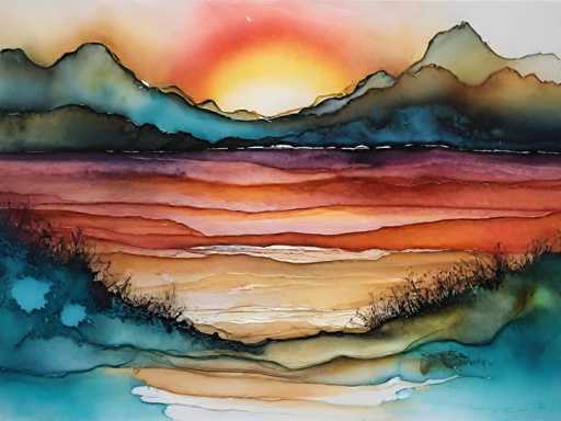 This watercolor painting depicts a serene landscape at sunset. The main subjects are layered mountains, a body of water reflecting the vibrant sky, and some distant vegetation. The composition uses horizontal bands of color to create depth, with the warm oranges and reds of the sunset contrasting with the cool blues and greens in the foreground. The style is fluid and impressionistic, emphasizing soft edges and blended colors to evoke a sense of tranquility.