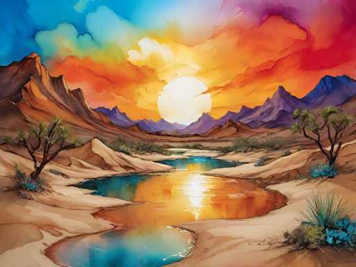 This vibrant, cartoonish painting depicts a serene desert landscape at sunset. The sky is a stunning blend of colors, transitioning from a deep blue at the top to a warm orange near the horizon, with a bright yellow sun positioned centrally. The sun's reflection creates a shimmering effect on the water below, which appears to be a small pond or oasis nestled in the sandy terrain. The water reflects the sky's colors, adding to the painting's vividness. Surrounding the pond are sandy hills and sparse vegetation, including a few trees and patches of grass. In the background, majestic mountains rise, with those on the left appearing brown and those on the right displaying a bluish hue. The overall scene is a harmonious mix of earthy tones and bright, contrasting colors, capturing the tranquil beauty of a desert at sunset.