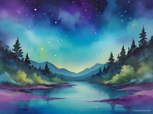 This captivating watercolor painting depicts a serene nighttime landscape. The sky transitions from a deep purple at the top to a lighter blue, adorned with numerous white stars. Below, a tranquil lake reflects the starry sky, its surface a blend of blue and purple hues. The shoreline is lined with lush green grass and dotted with purple flowers. On either side of the lake, tall pine trees stand majestically, their silhouettes dark against the illuminated sky. In the background, a range of mountains stretches across the horizon, adding depth to the scene. The overall composition exudes a sense of calm and natural beauty, with the interplay of colors and reflections creating a mesmerizing visual experience.