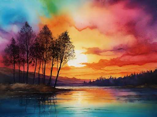 This captivating watercolor painting depicts a serene sunset over a tranquil lake. The sky is a mesmerizing blend of vibrant colors, transitioning from deep purples and pinks on the right to bright yellows and oranges near the setting sun. The sun itself is a glowing orb, casting its warm light across the scene. In the foreground, the lake's surface is calm, reflecting the colorful sky and the silhouettes of tall trees that line the shore. These trees, with their dark trunks and sparse leaves, stand on a small island or piece of land jutting into the water. The background features a range of purple mountains, adding depth to the landscape. The overall composition is a harmonious blend of colors and elements, capturing the peaceful beauty of nature at dusk.