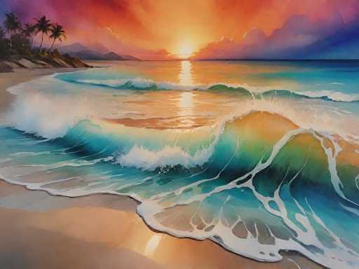 A vibrant, impressionistic painting of a tropical beach at sunset. The scene is dominated by the dynamic movement of waves crashing onto a sandy shore, rendered in shades of turquoise, teal, and white. The sky is ablaze with warm hues of orange, pink, and purple, reflecting on the wet sand. Palm trees stand silhouetted against the fiery horizon in the distance, while a few distant mountains add depth to the landscape. The overall style is painterly and expressive, emphasizing texture and light to evoke a sense of tranquility and warmth.